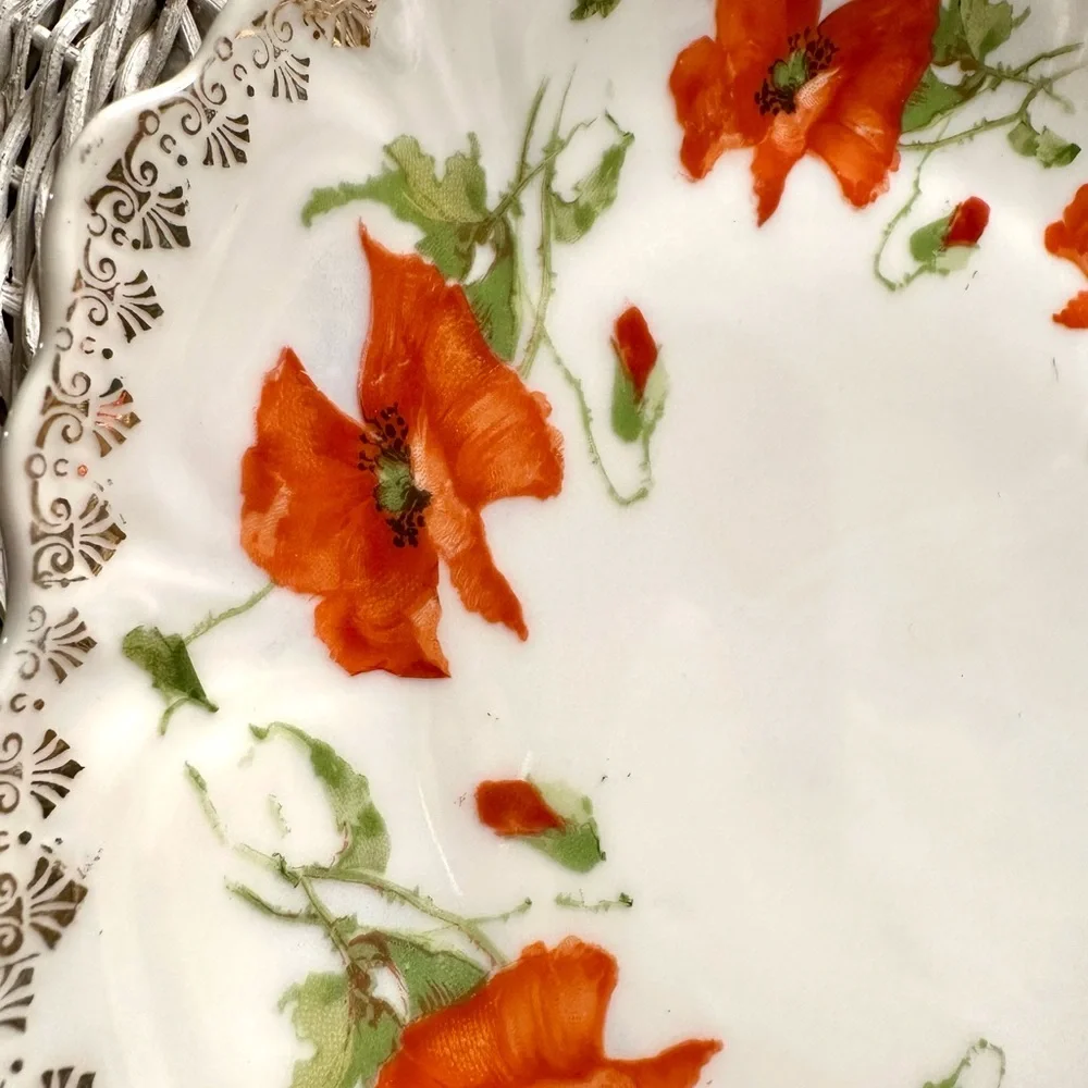 Bavarian China Plate PUNCH Poppies Vintage Romance Dainty Gold Lace Accents